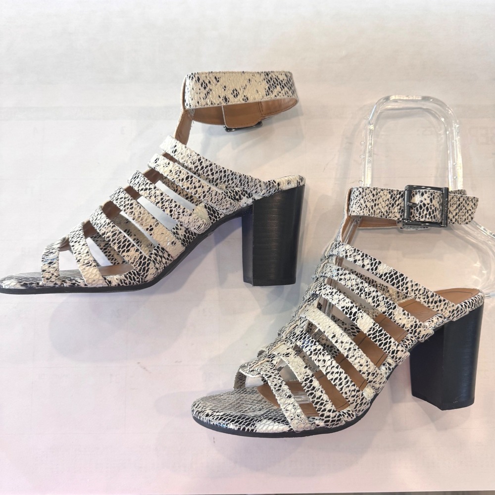 Vionic Sami SNK Women 7 Black White Snakeskin Caged Strappy Block Heel Sandals